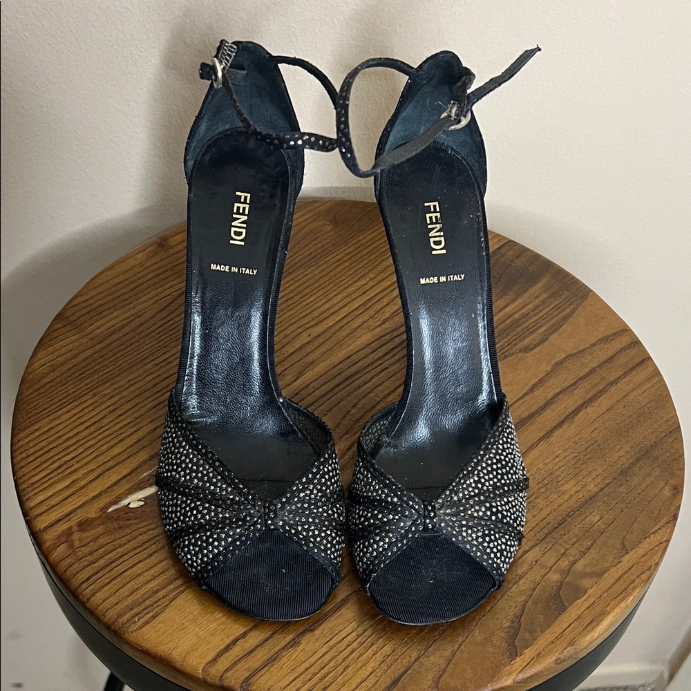 Fendi Women's Elegant Black Glitter Mesh Heels 39.5